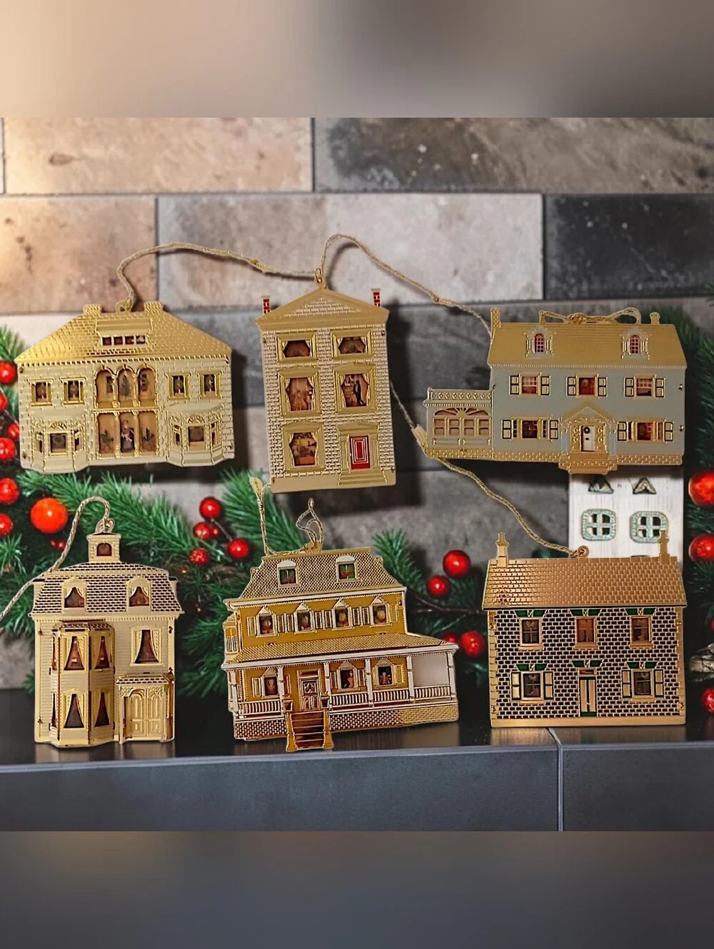 6 Bing Grondahl Collection Doll Houses of America Ornaments Gold Plate Christmas